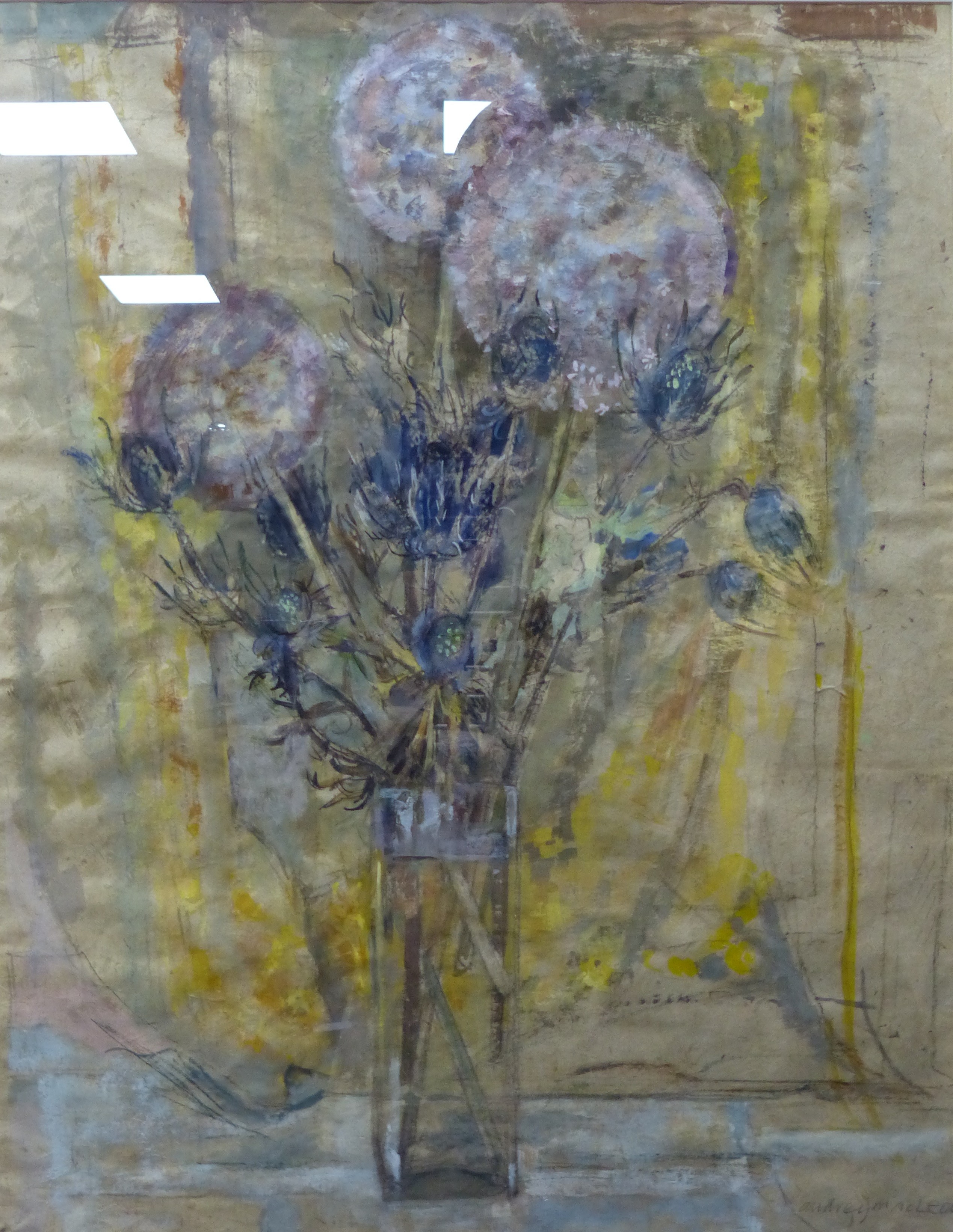 Audrey McLeod, ink and watercolour, 'Allium', signed, with Exhibition label verso, 68 x 53cm